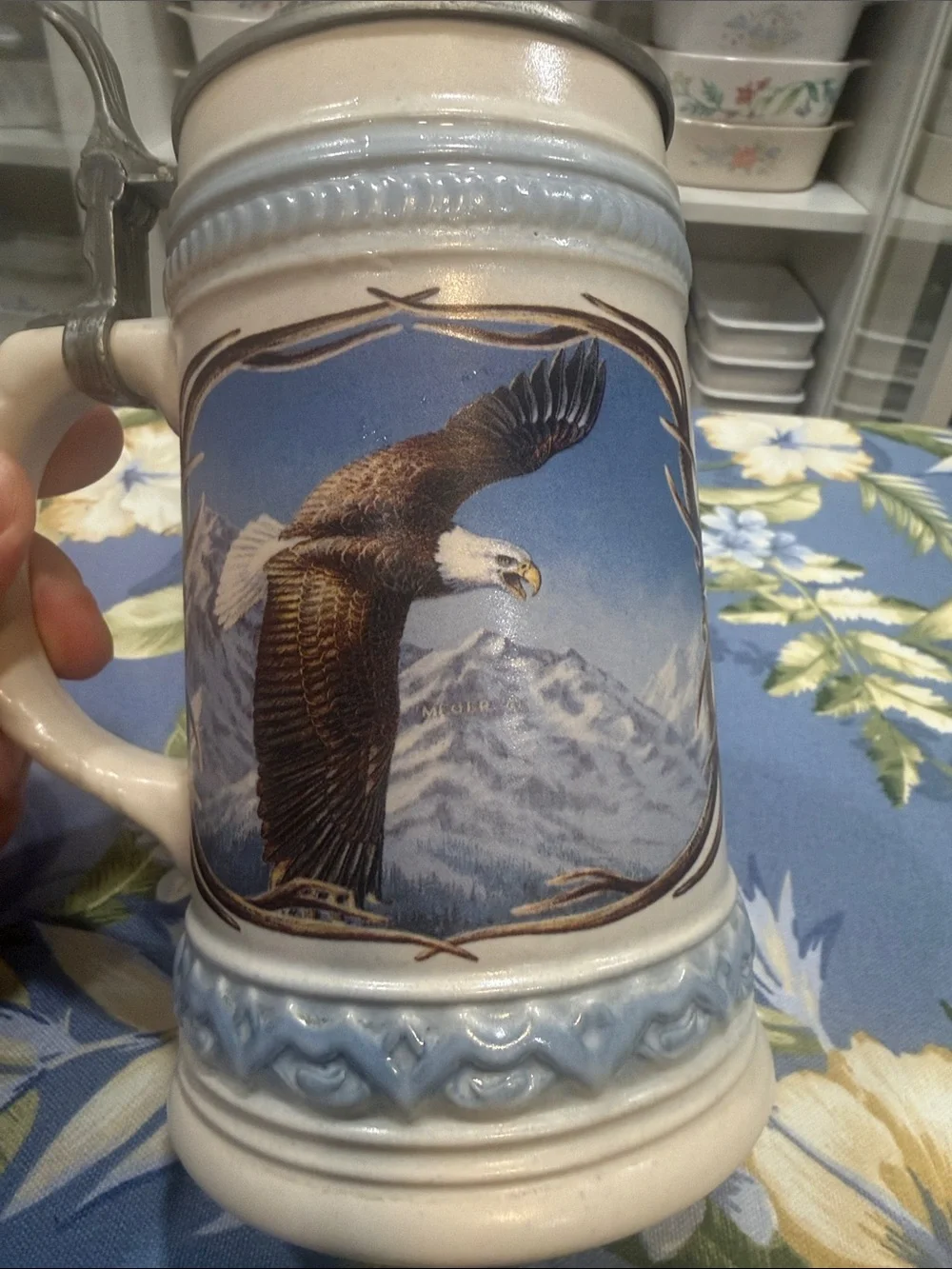 Alaska Ceramic Bald Eagle Beer Stein - Cream and Blue